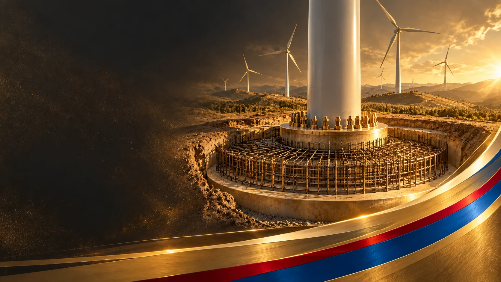 Sapata e armaduras de fundação de uma torre eólica numa composição conceptual
