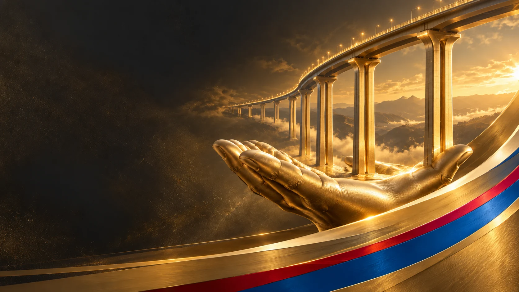 Viaduto conceptual com pilares assentes numa mão escultórica dourada